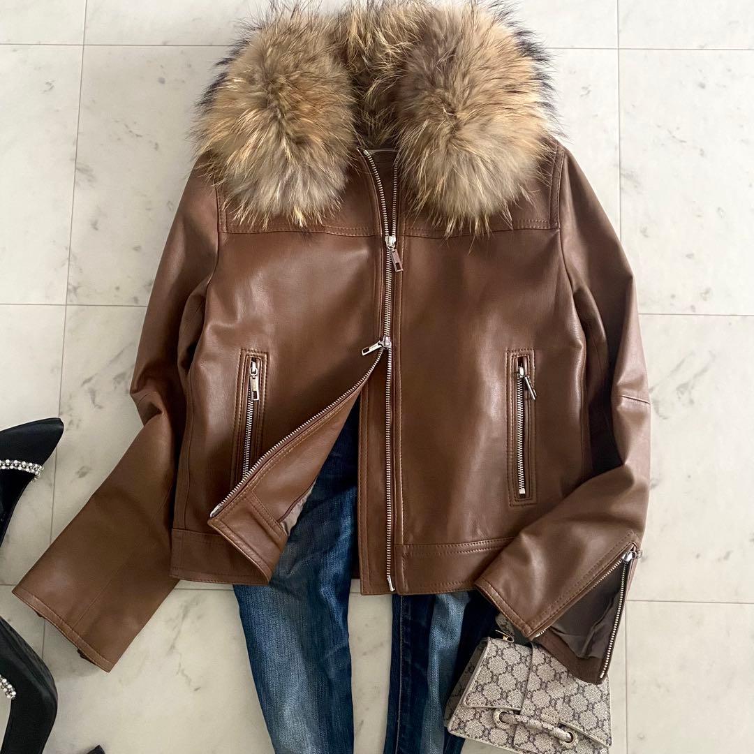 美品 モラビト 2wayラクーンファー襟 ラムレザージャケット ノーカラー 38