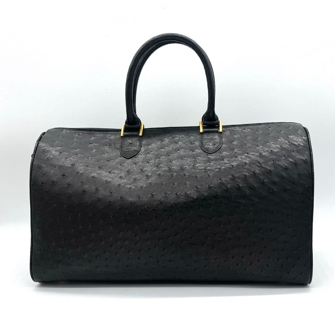極美品　大型【オーストリッチ本革】ボストンバッグ　ゴールド金具　ブラック