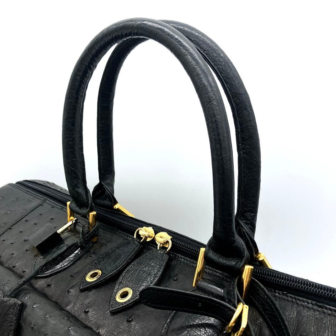 極美品　大型【オーストリッチ本革】ボストンバッグ　ゴールド金具　ブラック