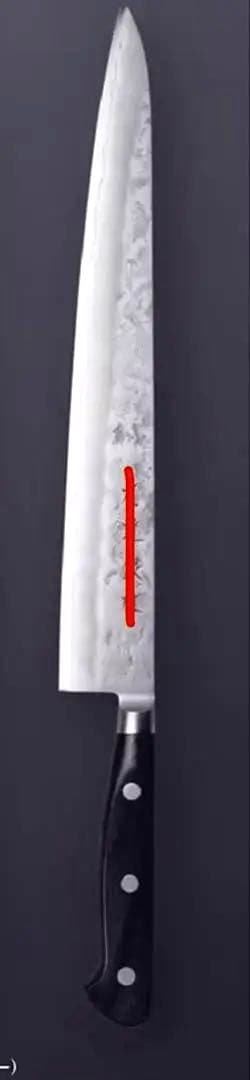 銀三鋼 梨地模様 筋引き　包丁　刃渡約270mm 黒ハンドル　国産　日本製