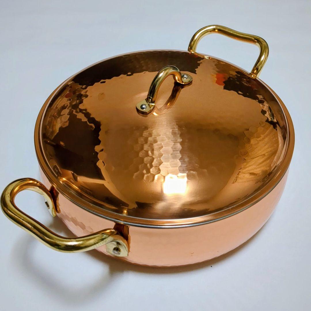 【極美品】純銅製 燕三条 鈴木製作所 槌目 両手鍋 24cm 純銅輝