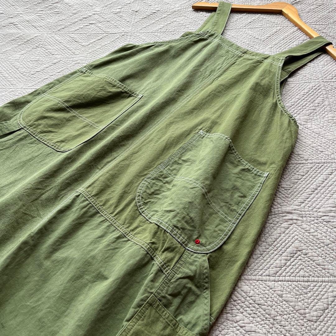 快晴堂 カーキリップストップ パッチワーク オーバーオールスカート