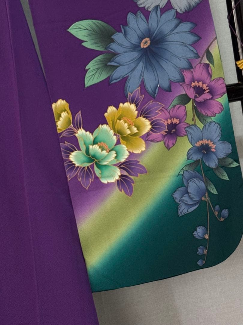 [美品] ヴィンテージ　本振袖　正絹　紫　緑　高身長　成人式　結婚式　礼装