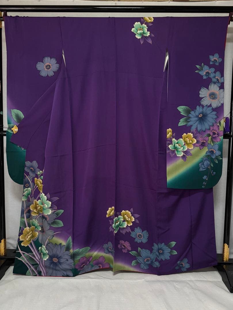 [美品] ヴィンテージ　本振袖　正絹　紫　緑　高身長　成人式　結婚式　礼装