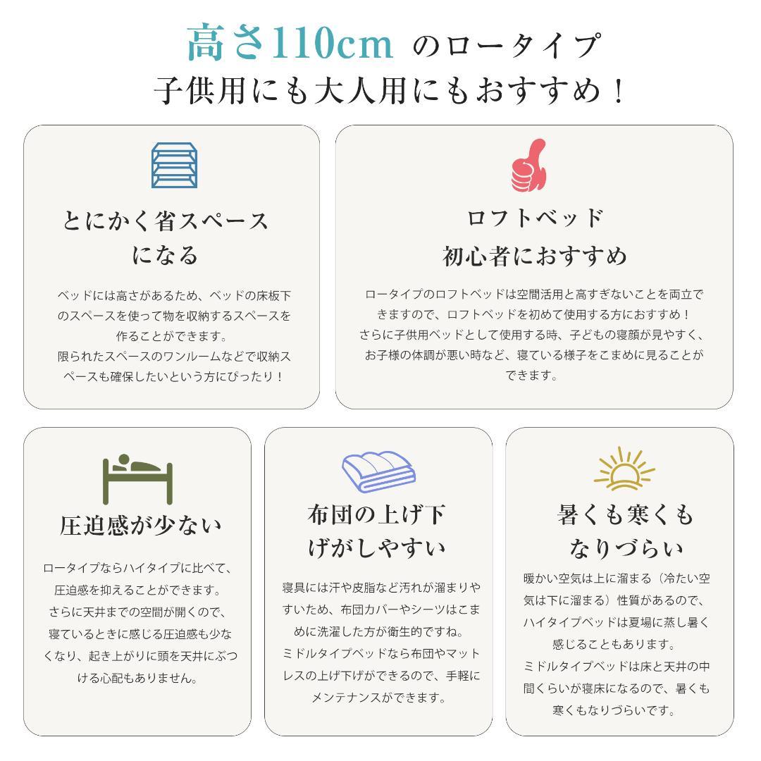 超人気！ 高110ロフトベッド子供ベッド シングル下収納 省スペース　WHITE
