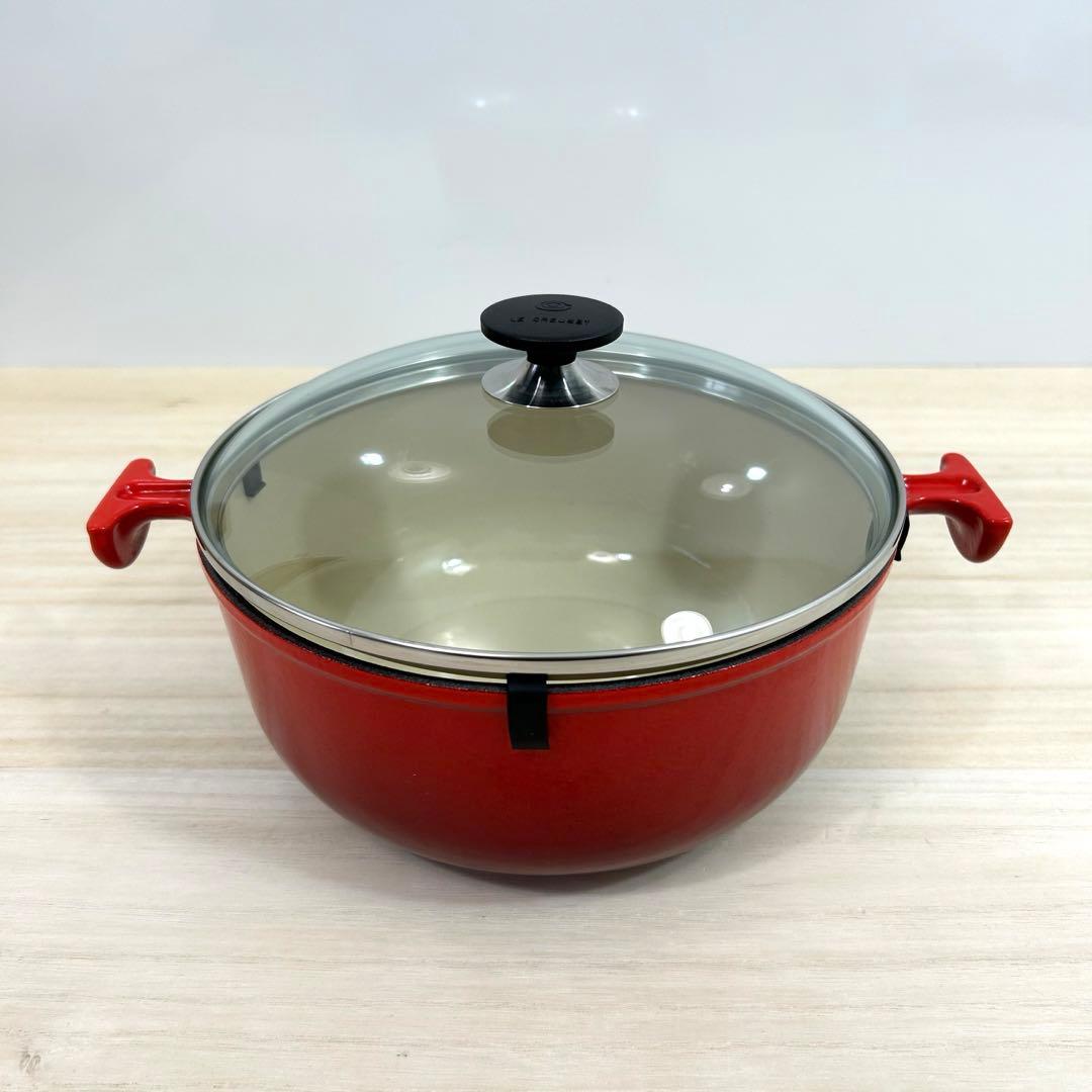 ル・クルーゼ パパライン 22cm エンゾマリ チェリーレッド ガラス蓋 赤