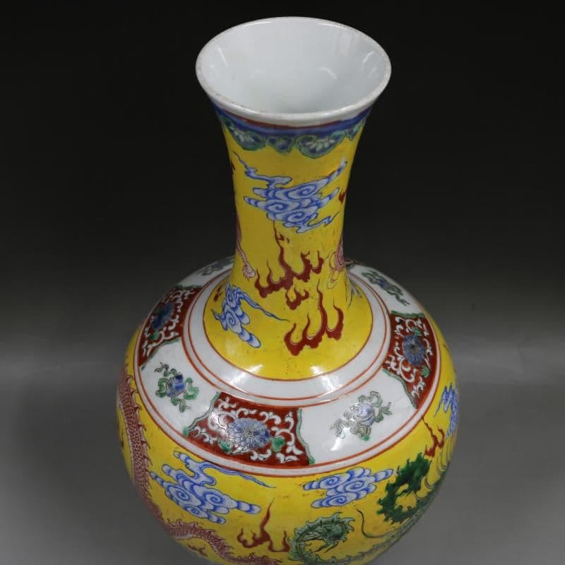 清康熙黄地粉彩龍鳳紋賞瓶 景徳鎮 陶磁器 装飾品 現代工芸品美術品 置物