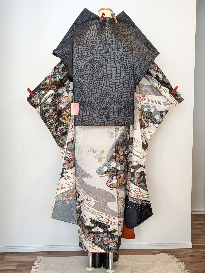 振袖フルセット 身丈155裄63 暈し染め 金銀彩 黒 グレー 逸品 成人式