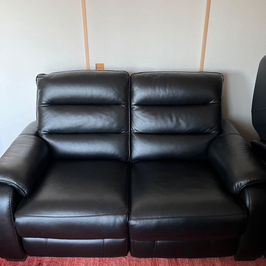 2人掛け右電動リクライニングソファ 本革(一部合成皮革)ブラック