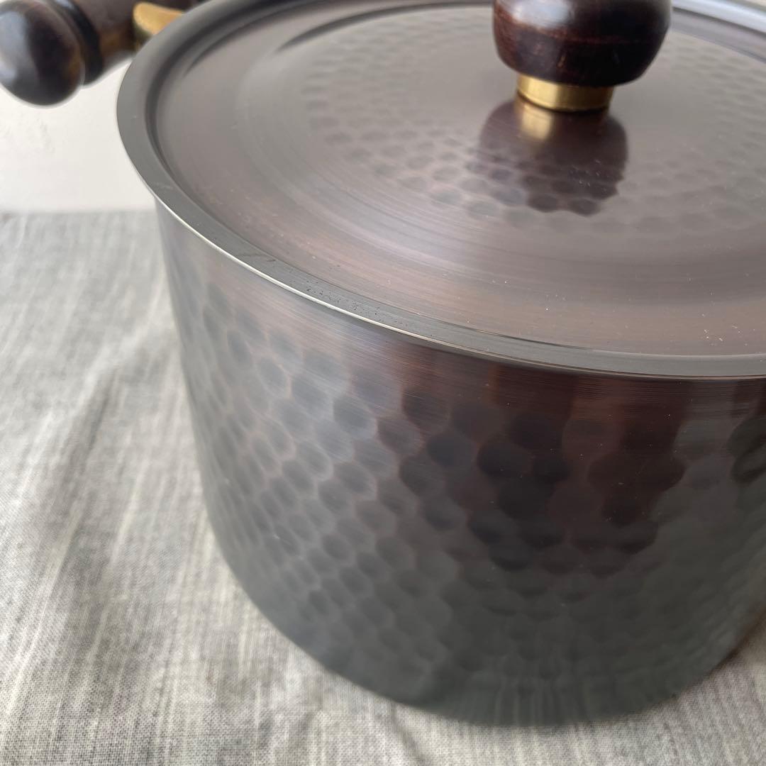 新光金属　COPPER100 銅製 両手鍋 木製ハンドル 槌目　ダークブラウン