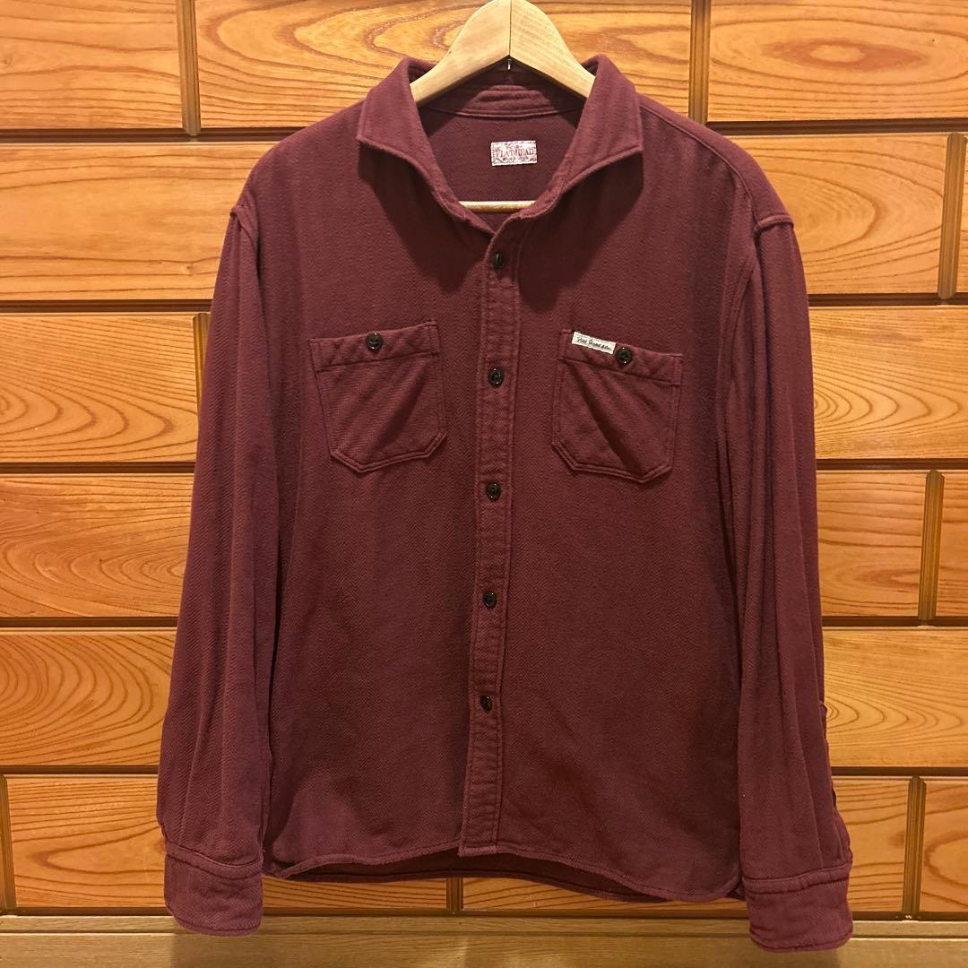 FLAT HEAD バーガンディ ヘリンボーン長袖シャツ　サイズXL