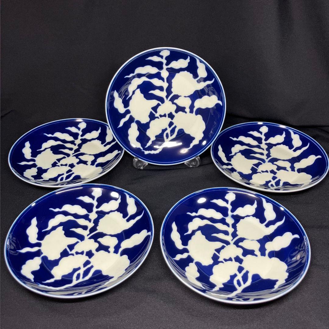 深川製磁 草花折枝白抜紋 中皿 5客 プレート ボウル 貴重 美品 レア