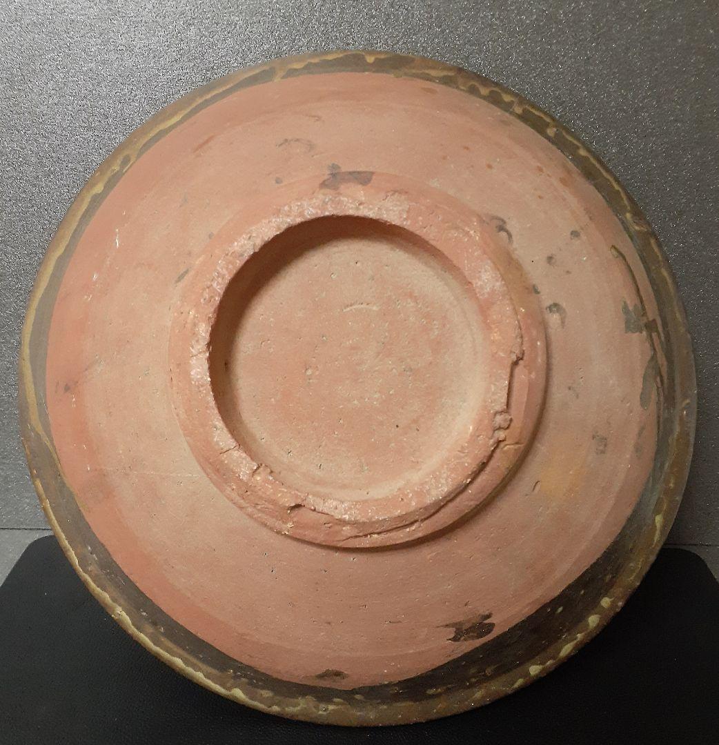 明治時代頃　時代九州民芸陶器　肥前弓野焼武雄古唐津系　三彩櫛目文　刷毛目　大鉢