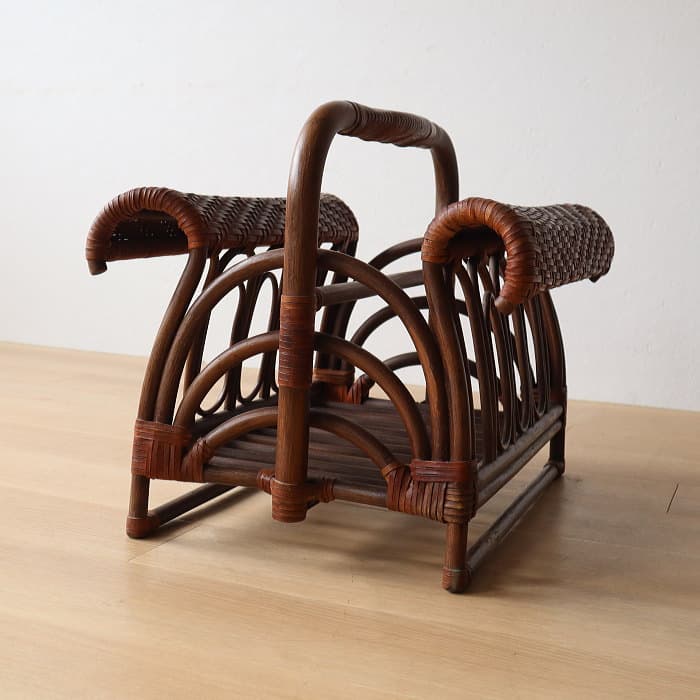 アンティーク ラタン＆レザー スリッパラック マガジンラック 本革 古家具