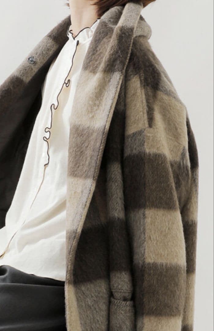 sale*Honneteオネット シャギーウール チェックショールカラーコート
