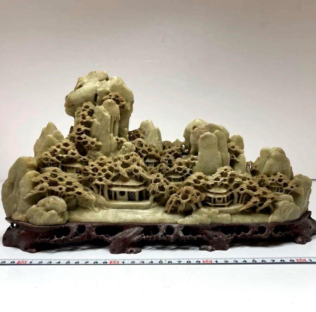 清代 青田石 石製　楼閣山水大サイズ置物　6.4㌔/横幅約40㎝