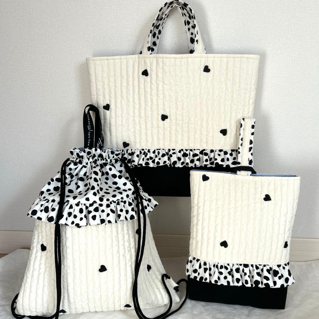 入園入学3点セット　【黒ハートヌビ×ダルメシアン】　女の子　レッスンバッグ