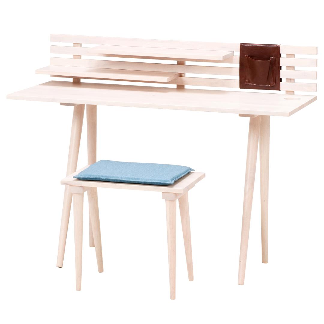 天然木デスクチェアセット クッション付き 幅120cm ホワイトウォッシュ