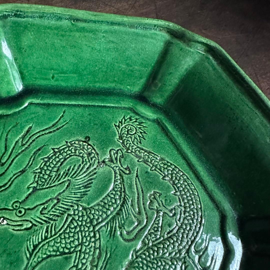【希少美品】清緑釉　六角陰刻龍図皿　飾り皿　清時代　中国美術　珉平焼