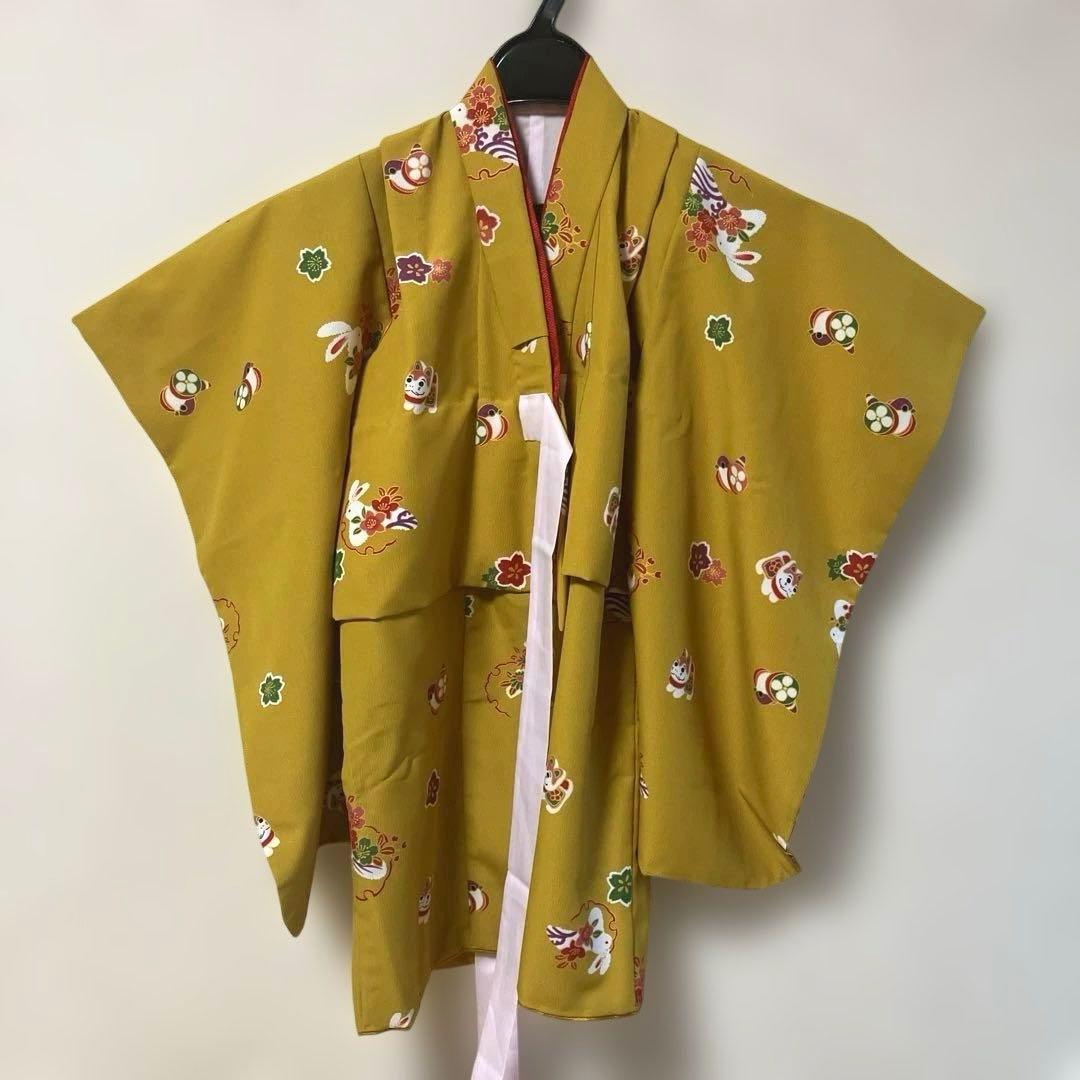 専用　　　七五三 レトロ　3歳　着物　カラシ色　５点セット　狛犬　兎　雀　日本製