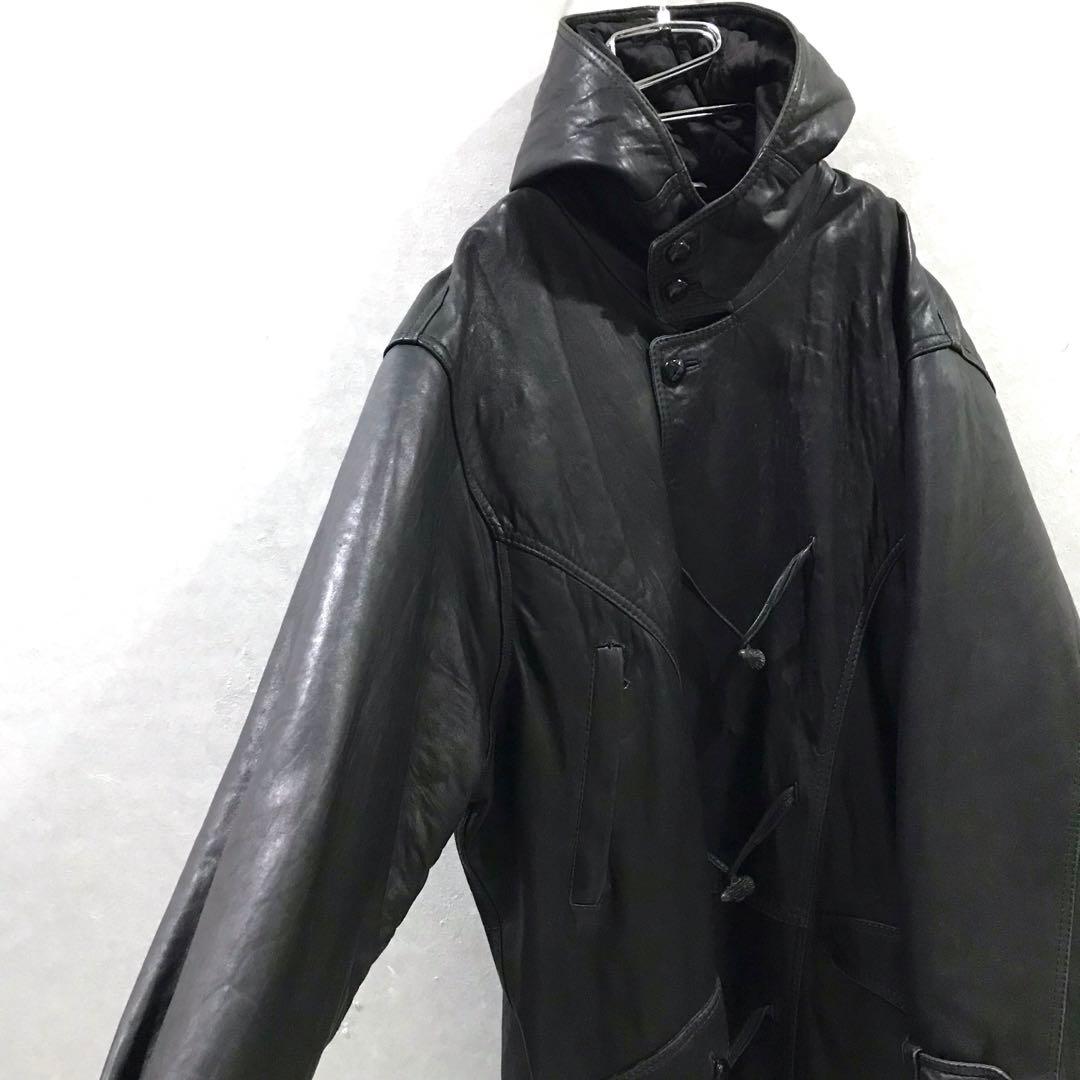 90s イタリア製 本革 ダッフル ロングレザーコート ブラック 44