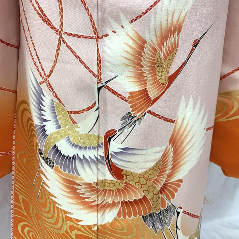 508ag35■七五三 七歳 女児 着物&袋帯&長襦袢 鶴 流水結び紐■状態良好