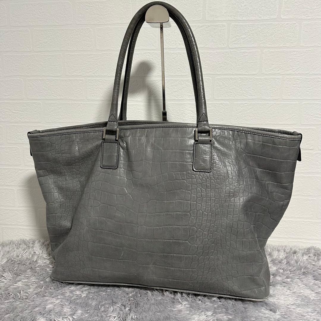 希少　PYLOOT クロコ型押しレザートートバッグ　グレー　大容量　イタリア製