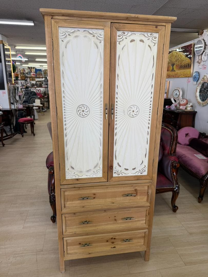 カントリー　キャビネット　食器棚　本棚　扉付　収納　レトロ　棚　ホワイト　引出