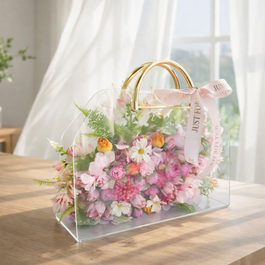 花を持ち歩くように贈る｜春の小花が咲く 光触媒フラワーバッグ（アクリルバッグ）