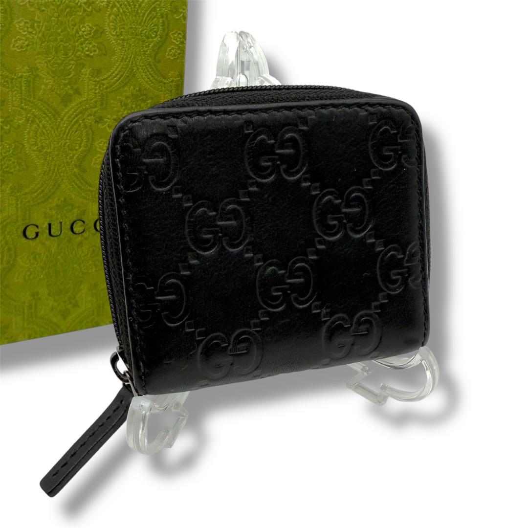 美品　グッチ 小銭入れ ケース GG シマレザー ラウンドジップ　黒