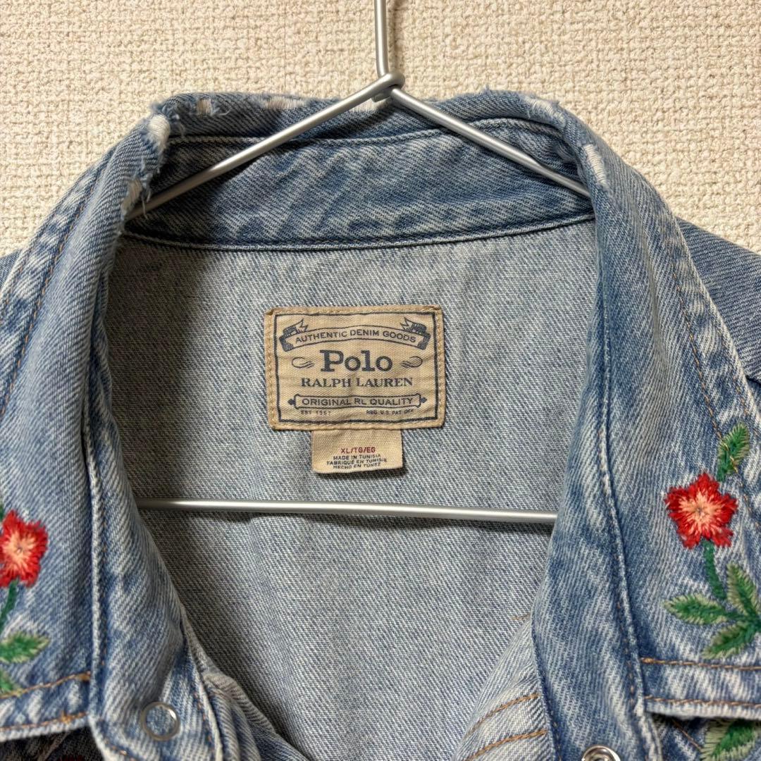 【美品】POLO ポロ ラルフローレン 花刺繍 デニムシャツ XL ビッグサイズ