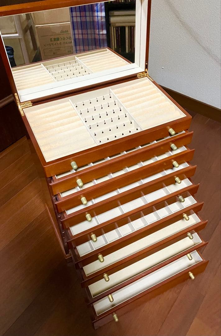 木製ジュエリーボックス 8段引き出し ミラー付き