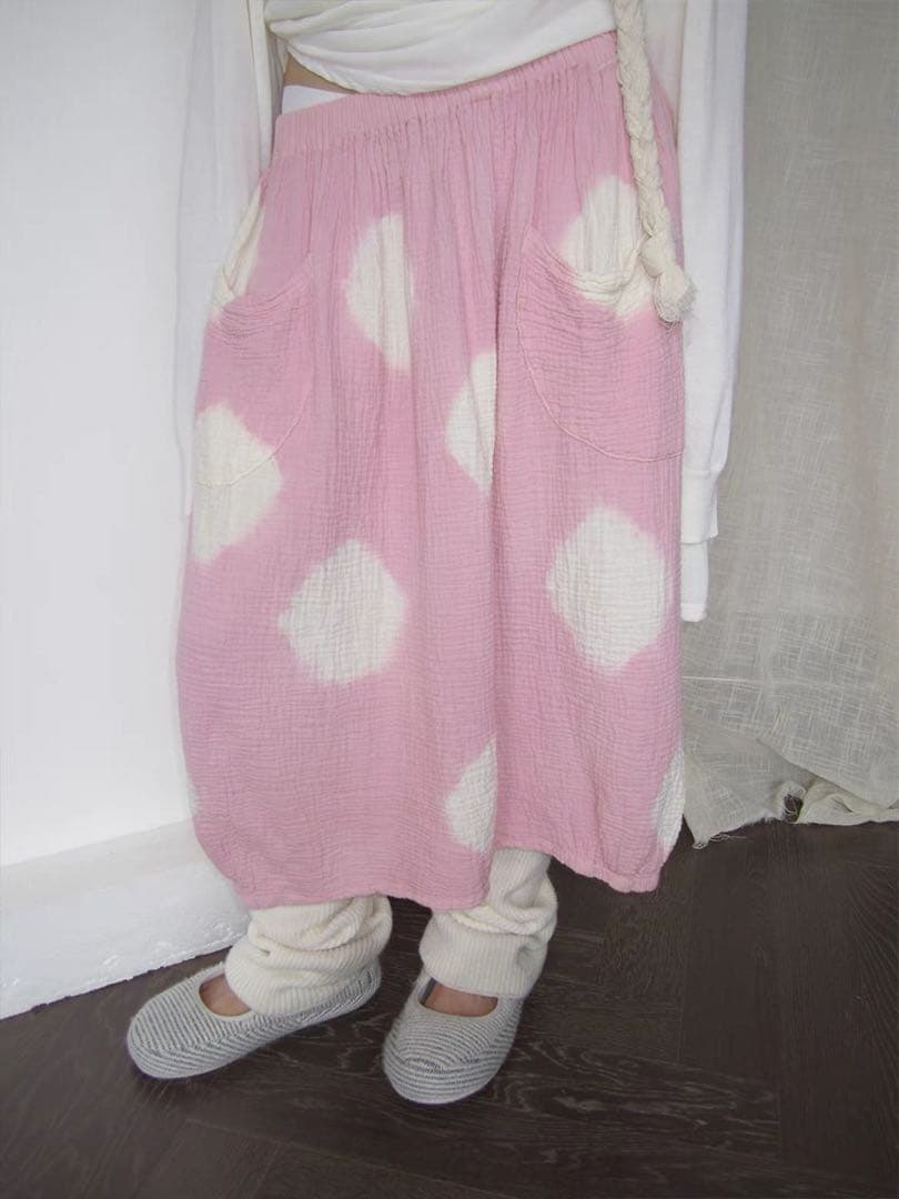 【モード】3months 24AW 水玉プリーツピンクワイドスカート