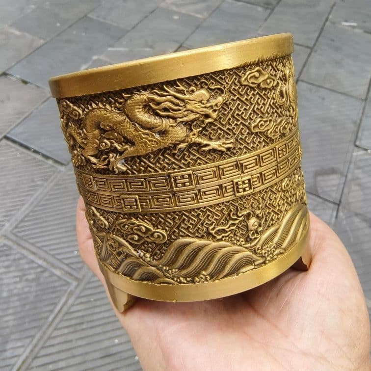 銅 細工 レリーフ三足龍鳳筆筒 筆置 筆棚 書道具 文房具工芸品美術品 置物