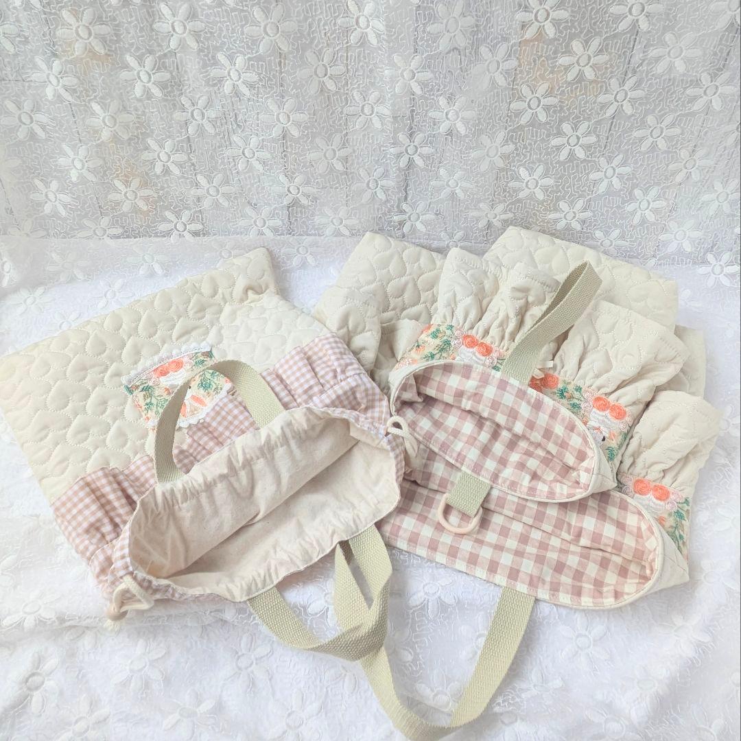 入園入学3点セット　手提げ　上履き袋　お着替え袋　うさぎ　刺繍リボン