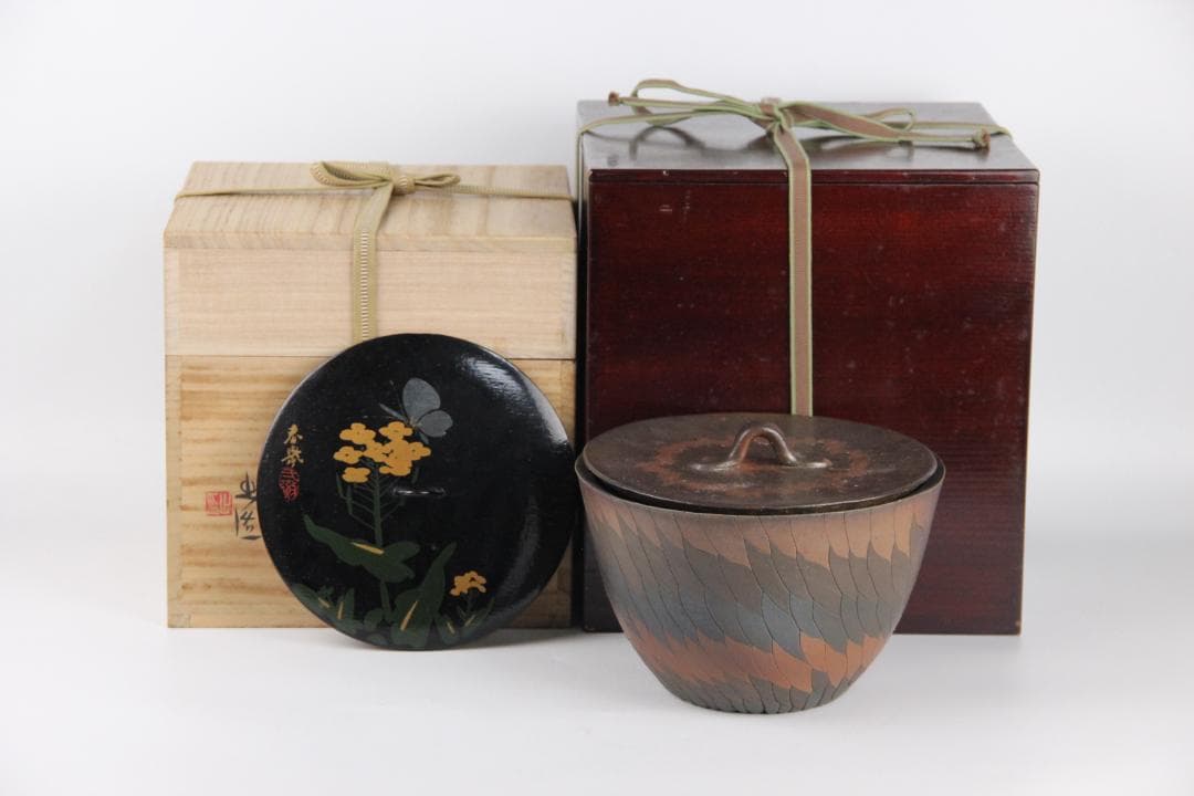 茶道具　備前　山本出作 水指　羽毛文様　春舉漆絵蓋 三越初個展出品 ES11-7