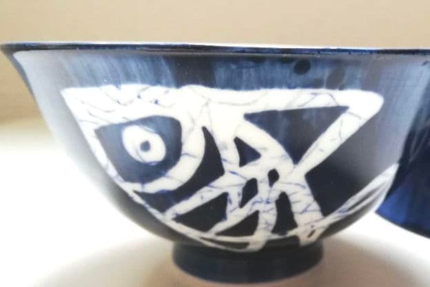 有田焼 藍色 お魚柄 ご飯お茶碗 おまけ付き 京窯 小皿 箸置き ⑦