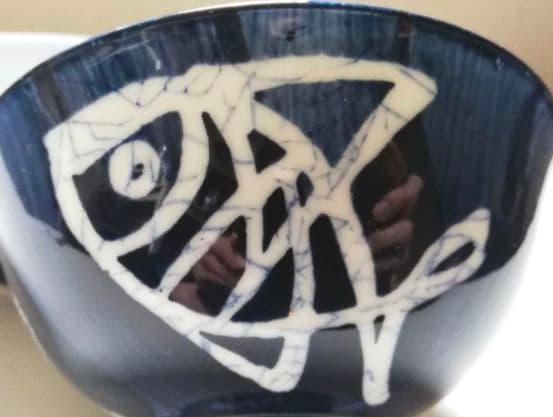 有田焼 藍色 お魚柄 ご飯お茶碗 おまけ付き 京窯 小皿 箸置き ⑦