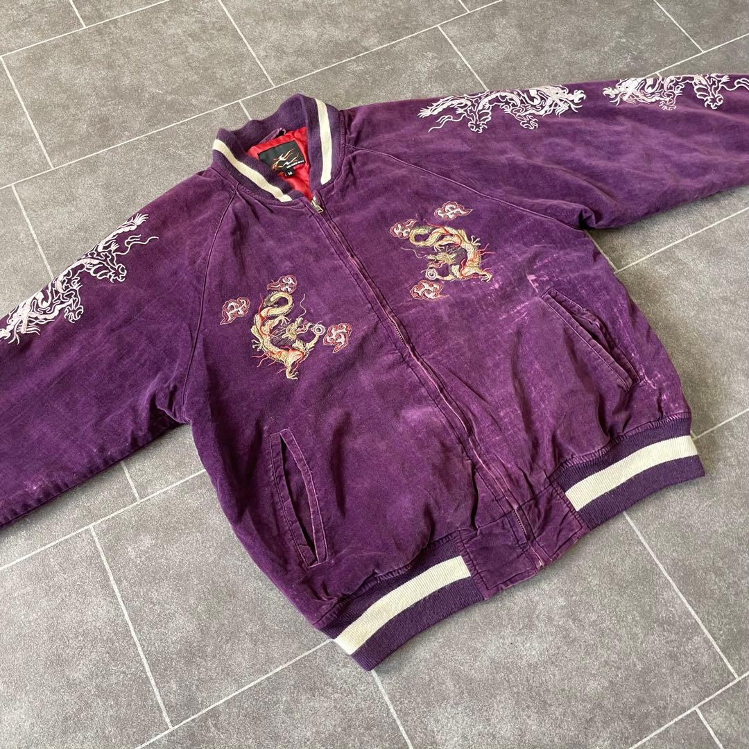 -90's old 龍 別珍 スーベニアジャケット スカジャン 紫 パープル M