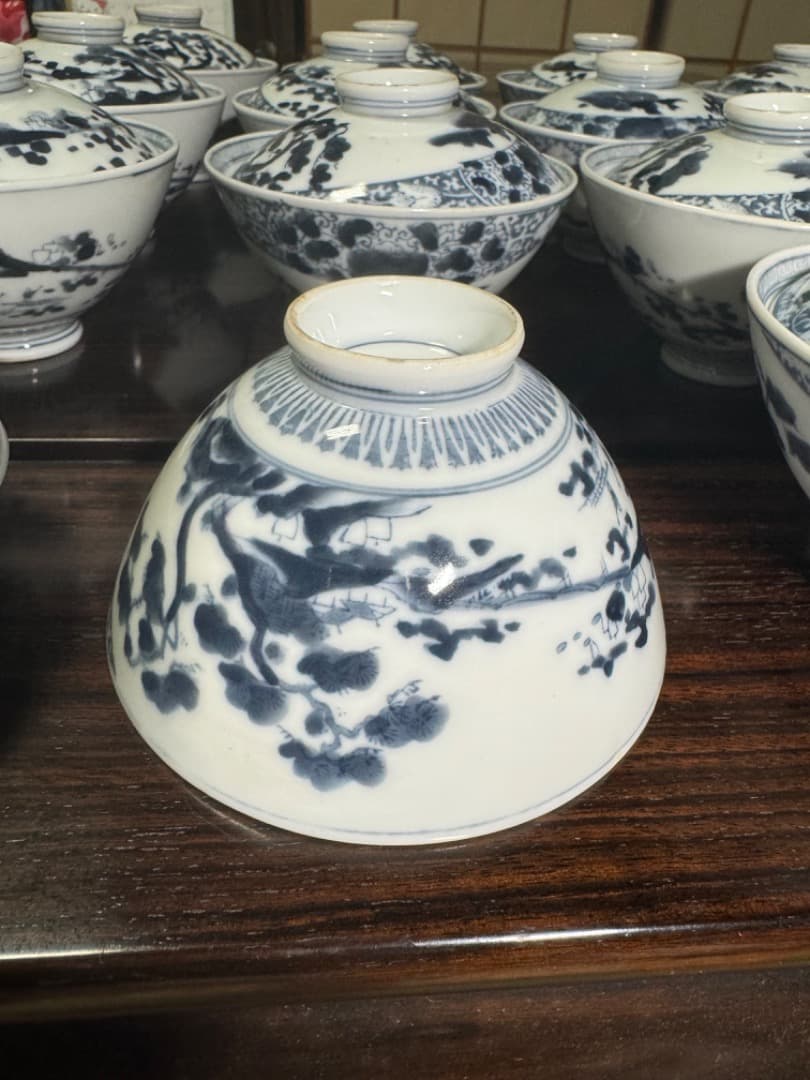 古伊万里 伊万里焼　染付総模様蓋付碗　19客　　江戸後期