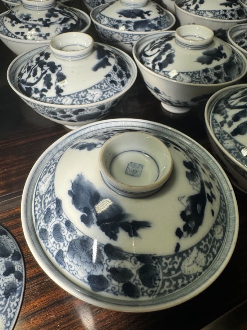 古伊万里 伊万里焼　染付総模様蓋付碗　19客　　江戸後期