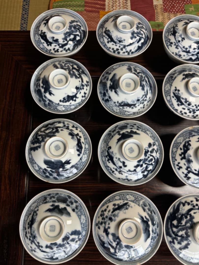 古伊万里 伊万里焼　染付総模様蓋付碗　19客　　江戸後期