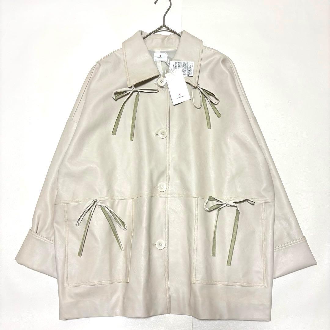 タグ付✨merry jenny リボン フェイクレザー ジャケット ホワイト F