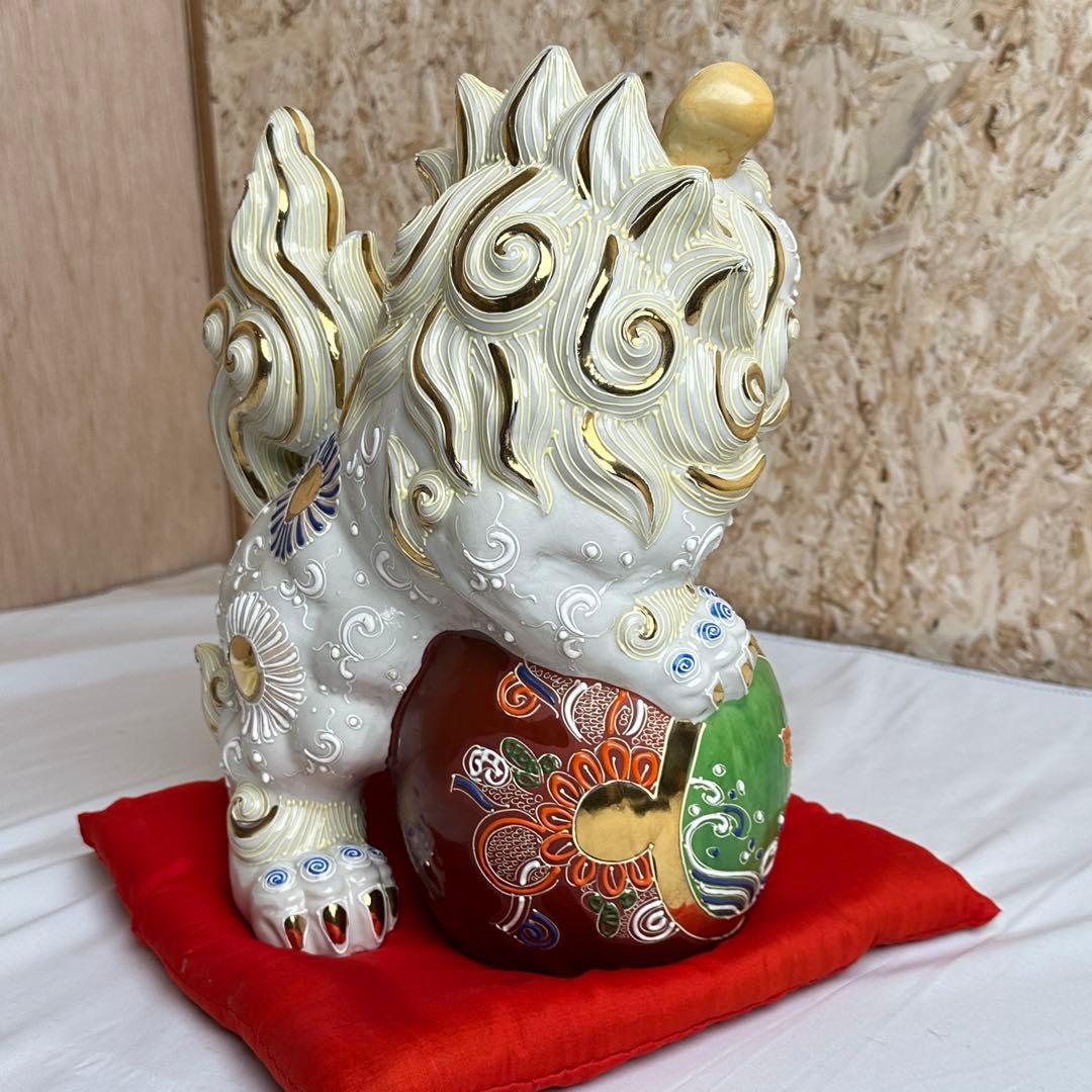 レア品 美品 九谷焼 玉乗り 狛犬 獅子 シーサー 白 縁起物 置物 陶器