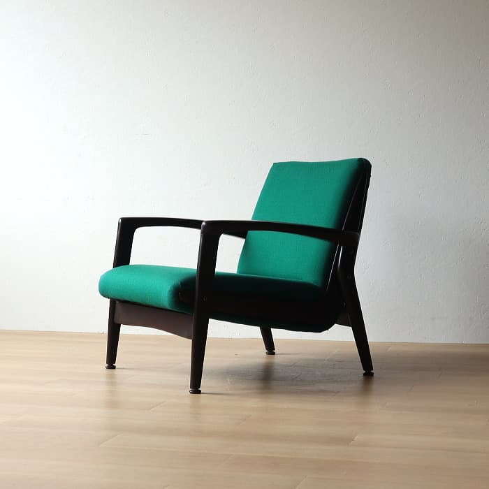 アンティーク 肘付イス 布張り 木製 古家具 昭和レトロ グリーン色 緑