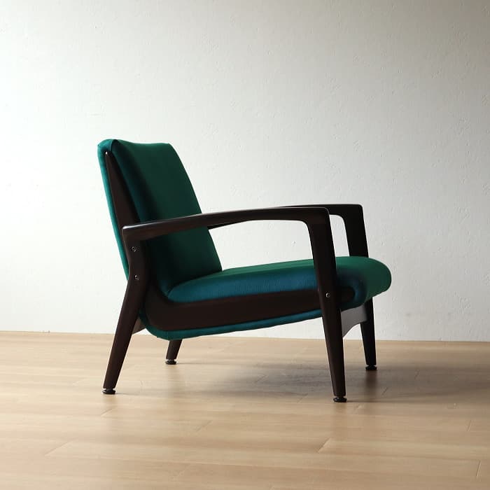 アンティーク 肘付イス 布張り 木製 古家具 昭和レトロ グリーン色 緑