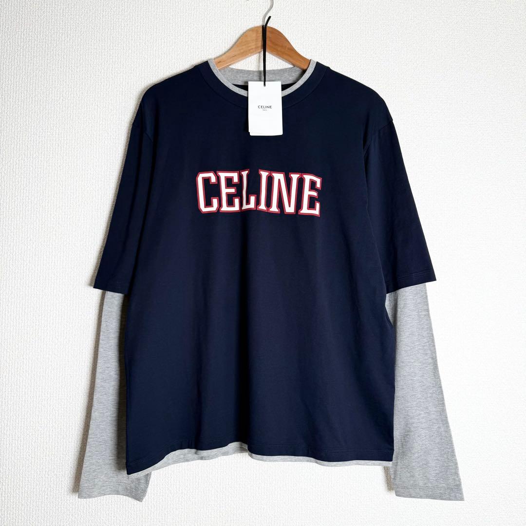 タグ付 CELINE 25SS ロゴレイヤードルーズTシャツ ネイビー L