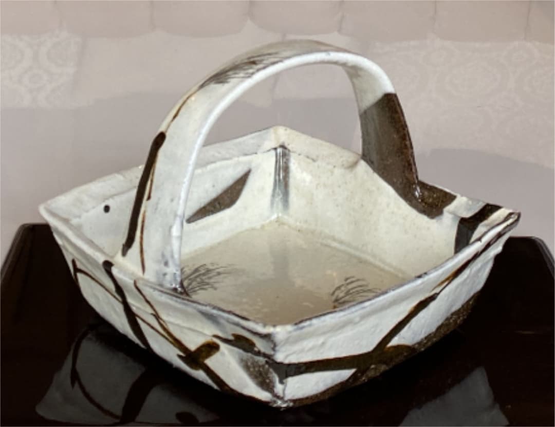 作家物　吉川水城　菓子鉢　手付　益子焼き