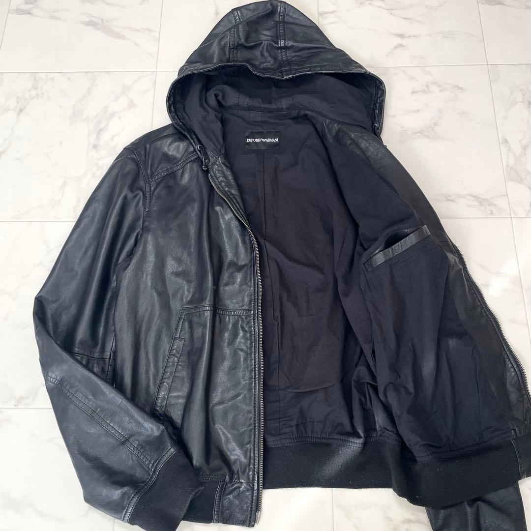 エンポリオアルマーニ 羊革 レザージャケット ブルゾン フード ブラック 50
