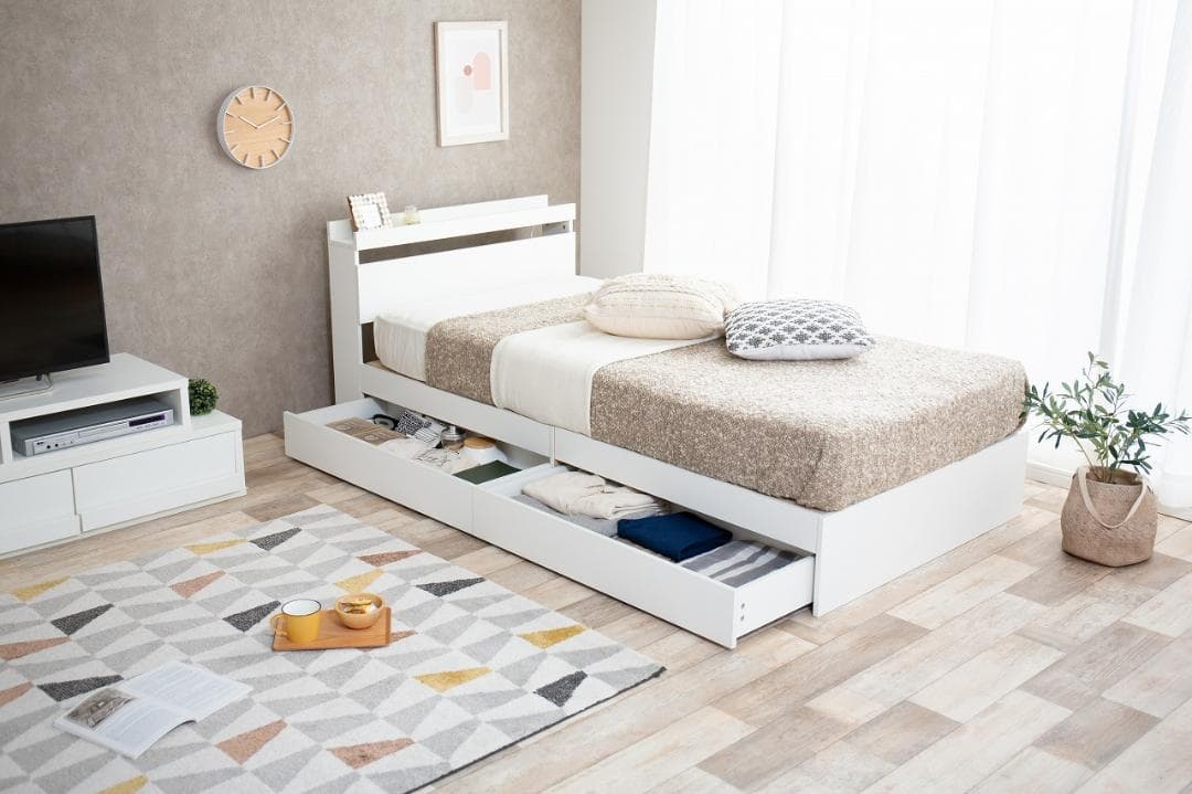 《新品・送料無料》【ダブル】Pluto 収納付きベッド（マットレス付き）